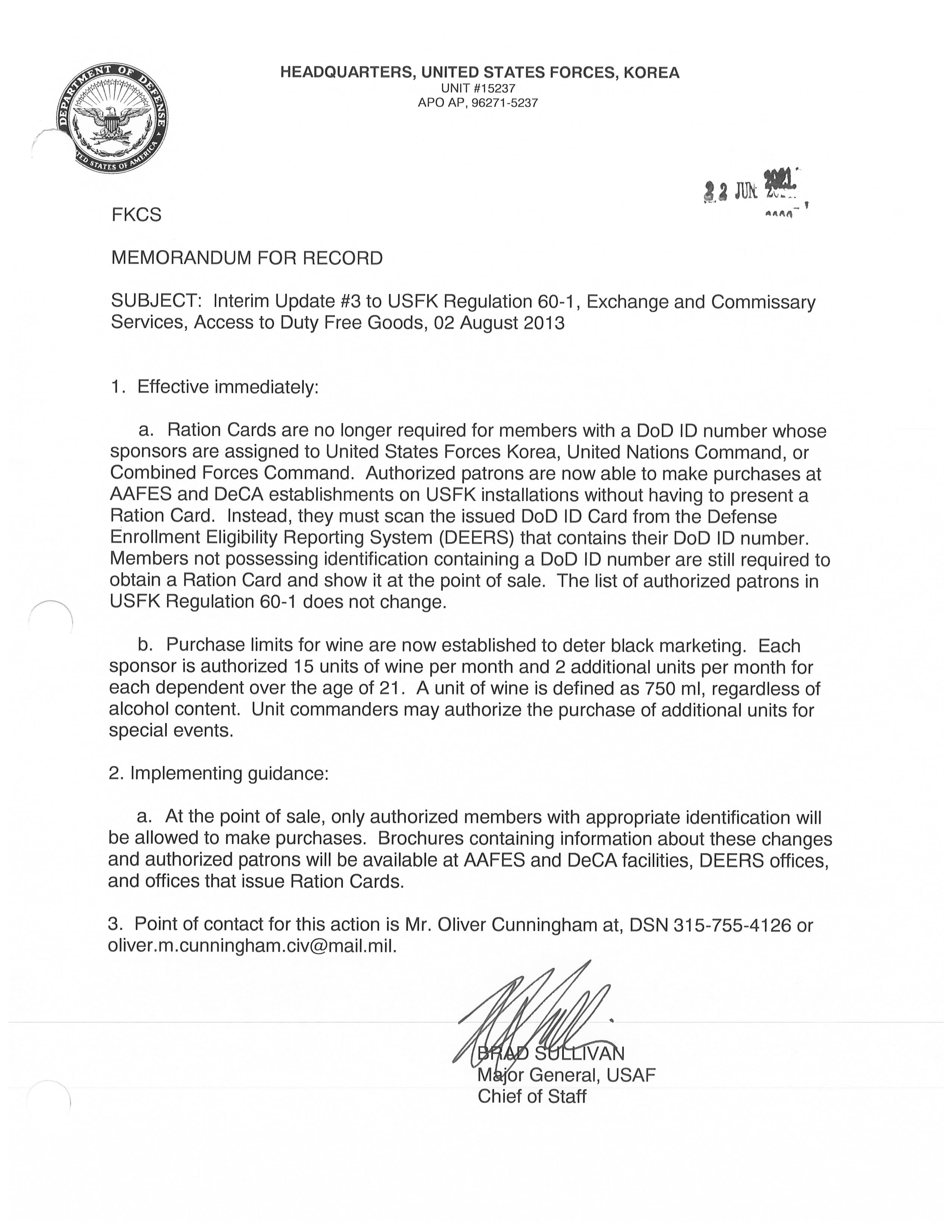 Updated Memorandum for USFK Regulation 60-1 Updated Memorandum for USFK Regulation 60-1